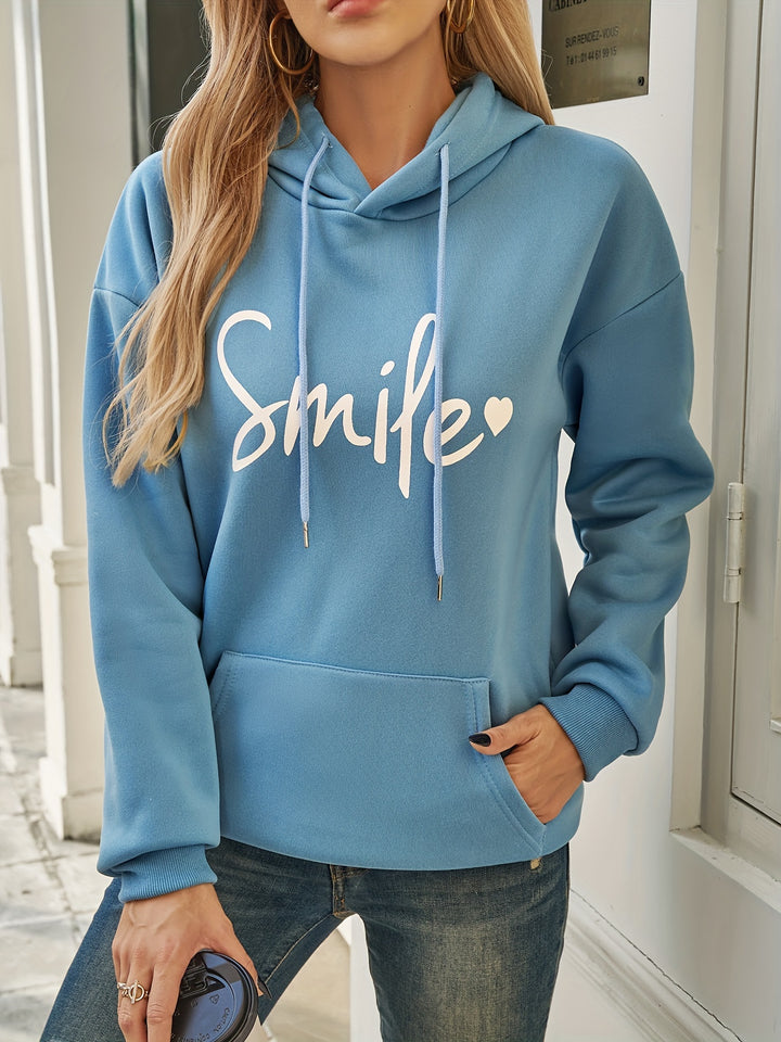 Smile Print Drawstring Hoodie, Casual Long Sleeve Hooded Sweatshirt With Kangaroo Pocket For Fall & Winter, Women's Clothing