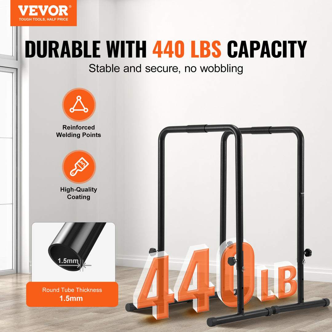 VEVOR Dip Bars, 199.58 KG Capacity, Heave Duty Dip Stand Station with Adjustable Height, Fitness Workout Dip Bar Station Stabilizer Parallette Push Up Stand, Parallel Bars for Strength Training Home Gym