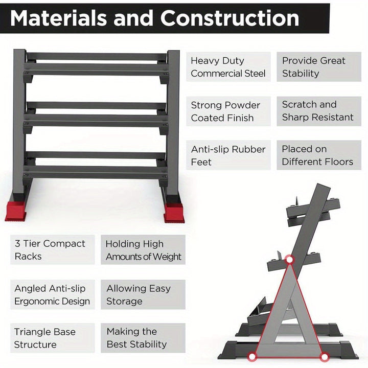 Heavy-Duty 3-Tier Dumbbell Rack - Adjustable, Space-Saving Design for Home Gym Organization, Holds Up to 453.59KG (Rack Only)