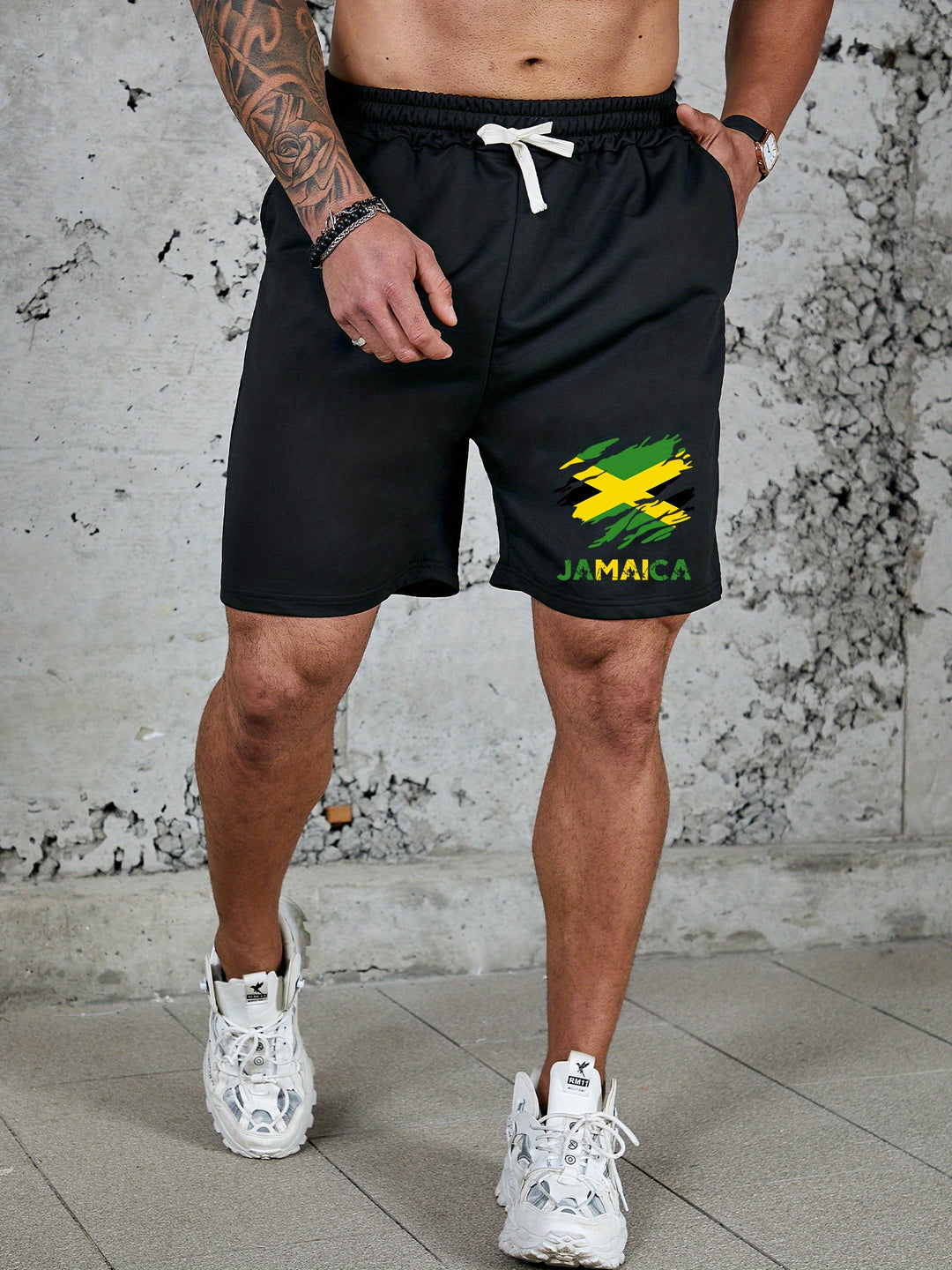 JAMAICA Men's Casual Fitness Shorts - Breathable Polyester, Letter Print Design with Pockets, Machine Washable