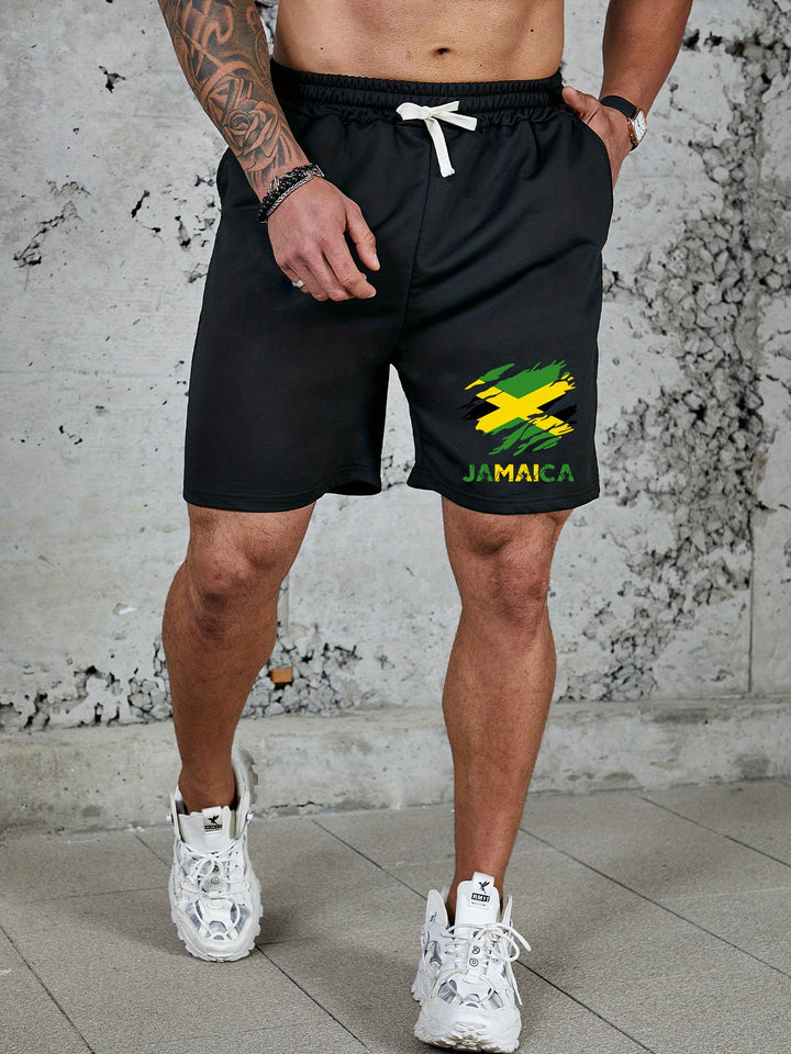 JAMAICA Men's Casual Fitness Shorts - Breathable Polyester, Letter Print Design with Pockets, Machine Washable