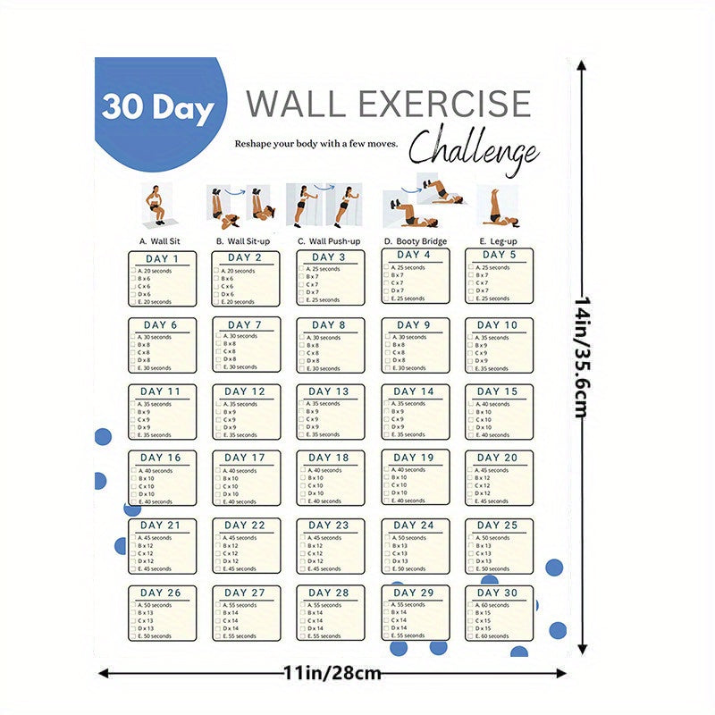 30-Day Wall Exercise Challenge: Quick Home Workout & Body Shaping, Waterproof Pilates Fitness Guide, 27.94x35.56cm Unframed