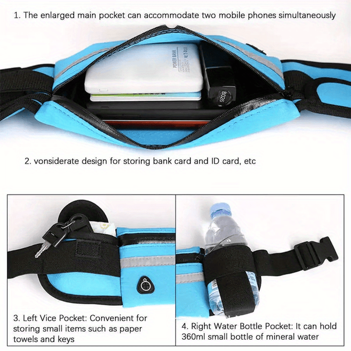 Compact, Reflective Sports Waist Pack with Waterproof Phone Pouch & Bottle Holder - Durable Polyester, Zip Closure for Running & Fitness