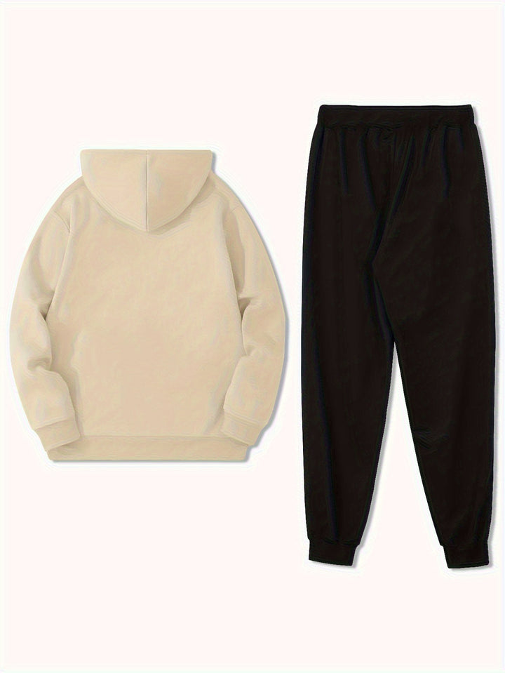 Men's Fleece-Lined Hoodie & Joggers Set - Casual Geometric Print, Drawstring Sweatpants with Pockets, Machine Washable