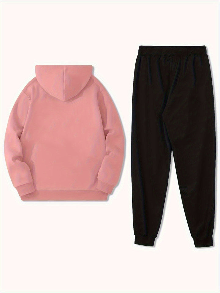 Men's Fleece-Lined Hoodie & Joggers Set - Casual Geometric Print, Drawstring Sweatpants with Pockets, Machine Washable