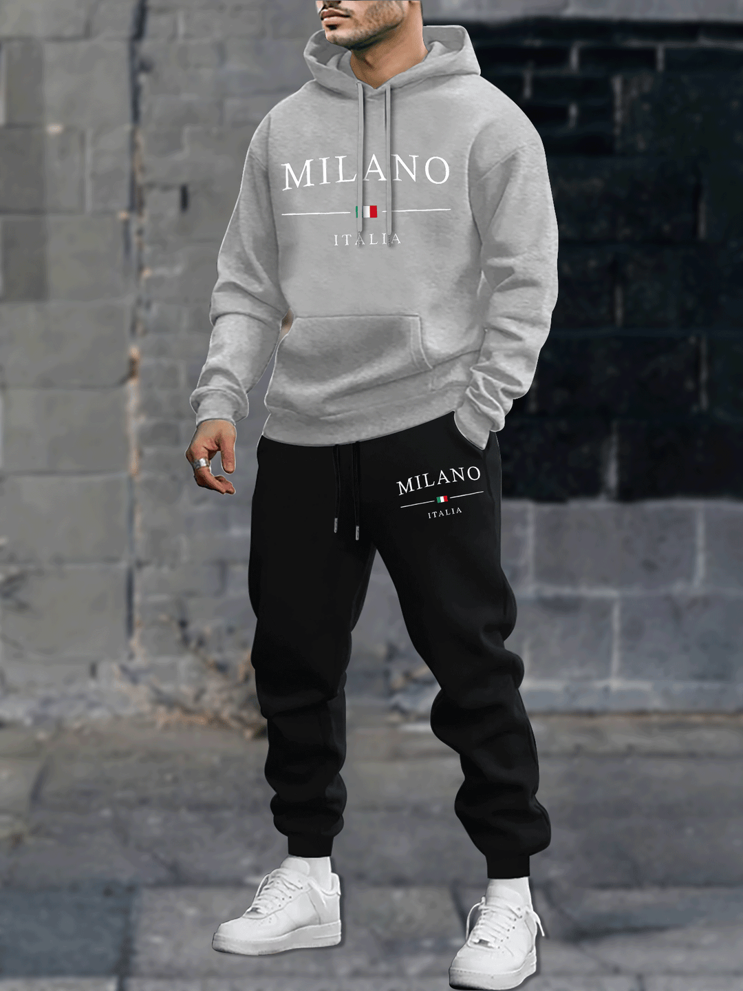 Men's Fleece-Lined Hoodie & Joggers Set - Casual Geometric Print, Drawstring Sweatpants with Pockets, Machine Washable