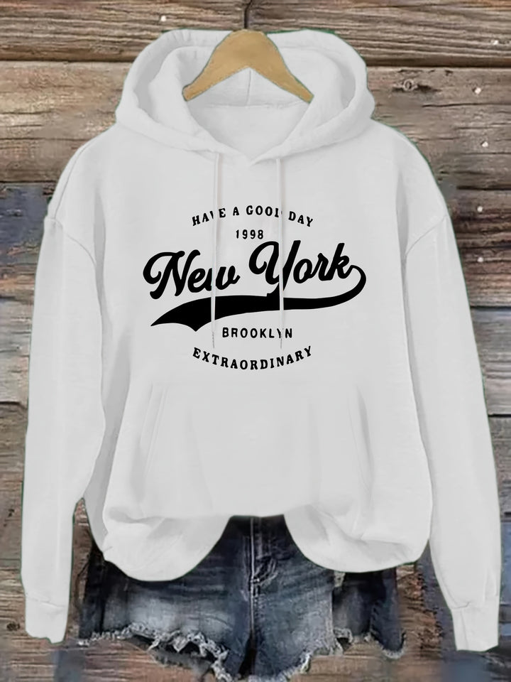 Women's New York Brooklyn Letter Print Long Sleeve Hoodie - Casual Knit Polyester Hooded Sweatshirt for Fall/Winter