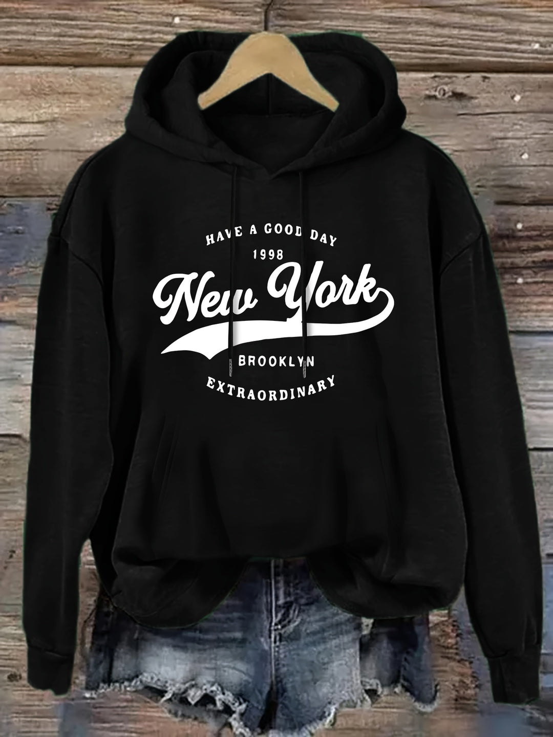 Women's New York Brooklyn Letter Print Long Sleeve Hoodie - Casual Knit Polyester Hooded Sweatshirt for Fall/Winter