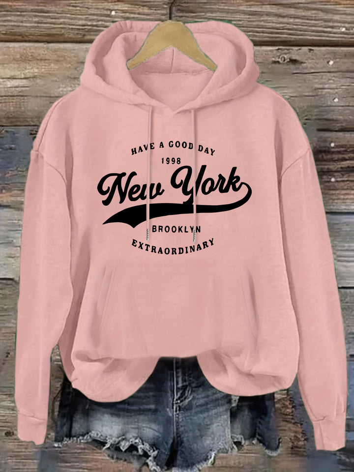 Women's New York Brooklyn Letter Print Long Sleeve Hoodie - Casual Knit Polyester Hooded Sweatshirt for Fall/Winter