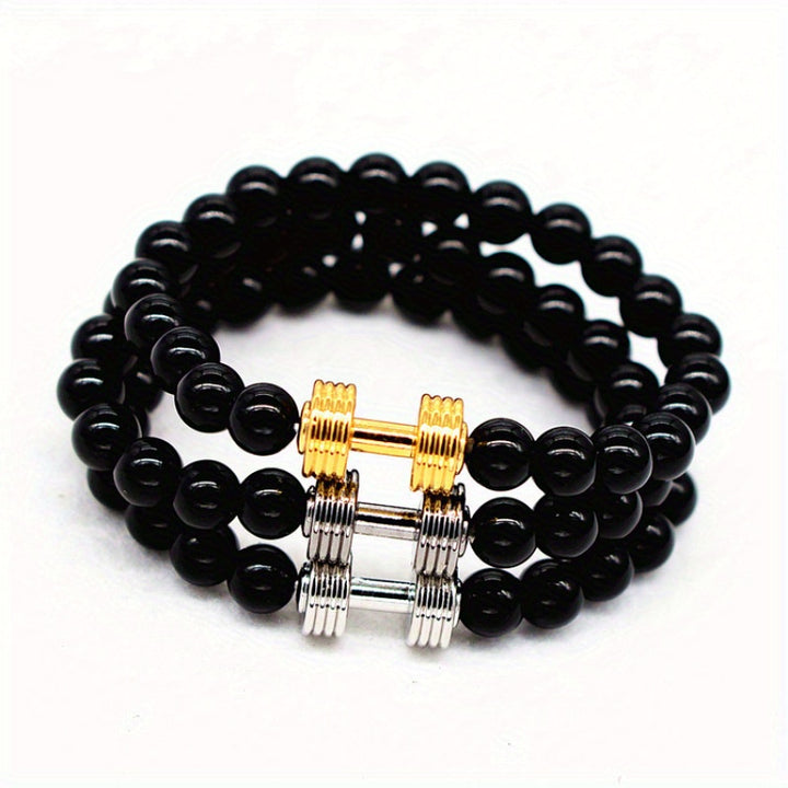 1pc Fitness Sports Barbell Stone Glossy Matte Stone Beaded Men's And Women's Bracelets 8mm Single Circle Dumbbell Bracelet