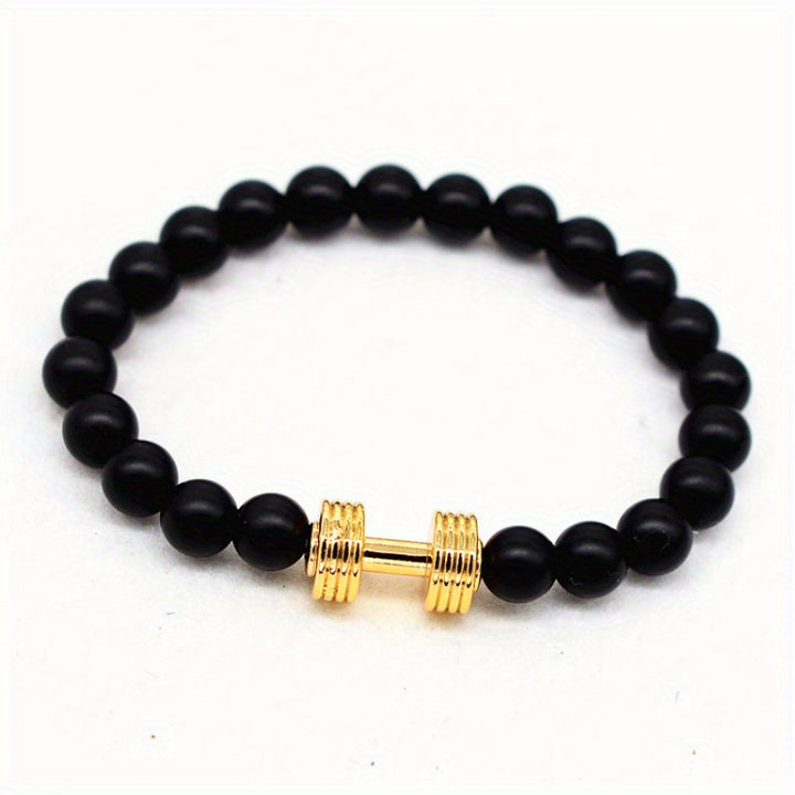 1pc Fitness Sports Barbell Stone Glossy Matte Stone Beaded Men's And Women's Bracelets 8mm Single Circle Dumbbell Bracelet