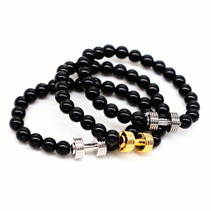 1pc Fitness Sports Barbell Stone Glossy Matte Stone Beaded Men's And Women's Bracelets 8mm Single Circle Dumbbell Bracelet