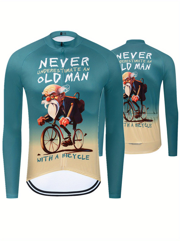 Men's Old Man Cartoon Print Long Sleeve Cycling Jersey With Anti-Slip Zipper, Moisture-Wicking And Quick-Drying Top For Road And Mountain Biking, Outdoor Cloth