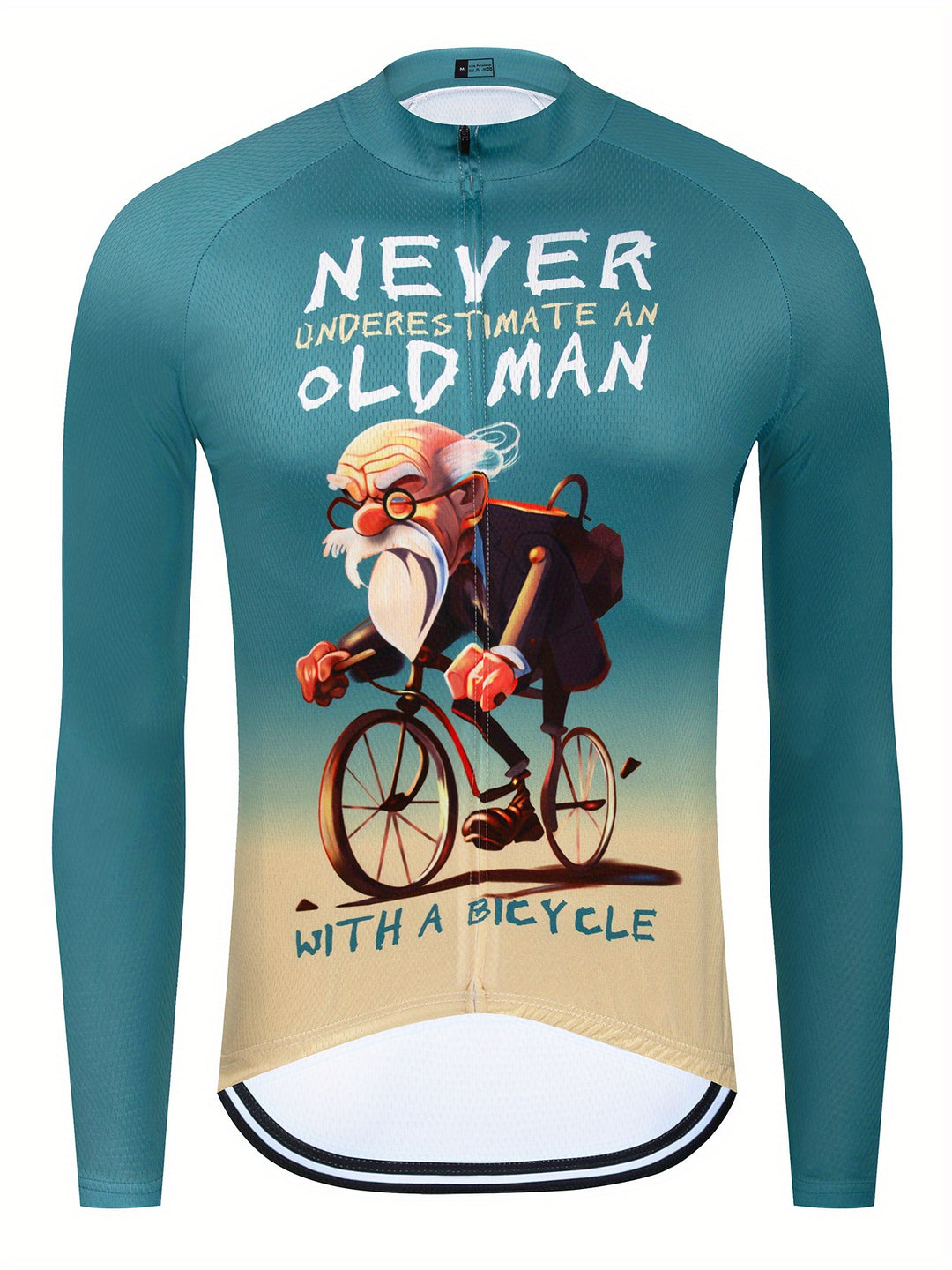 Men's Old Man Cartoon Print Long Sleeve Cycling Jersey With Anti-Slip Zipper, Moisture-Wicking And Quick-Drying Top For Road And Mountain Biking, Outdoor Cloth