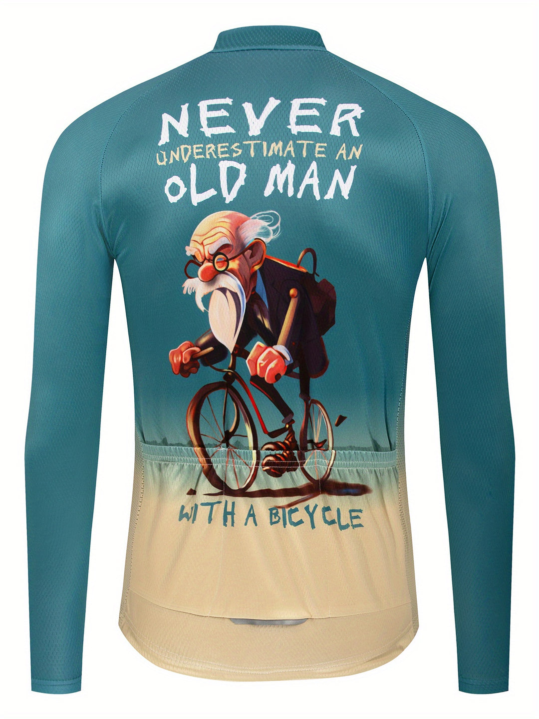 Men's Old Man Cartoon Print Long Sleeve Cycling Jersey With Anti-Slip Zipper, Moisture-Wicking And Quick-Drying Top For Road And Mountain Biking, Outdoor Cloth