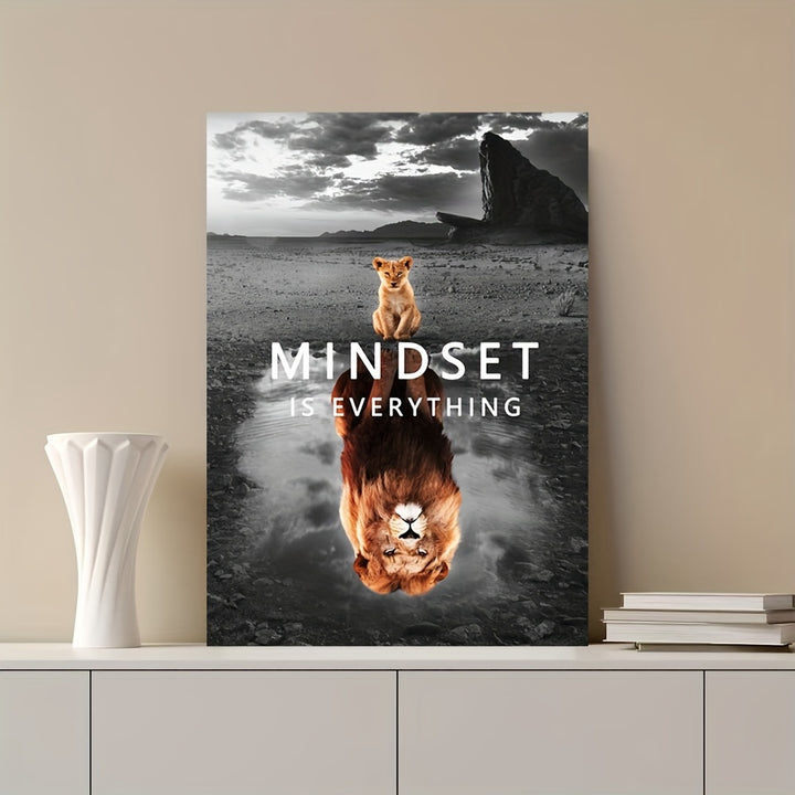 1pc Inspirational Lion Canvas Poster - Mindset is Everything Quote Wall Art for Office, Bedroom, Cafe - Modern Entrepreneur Motivational Decor for Thanksgiving, New Year, Halloween, Christmas - No Feather, Unframed