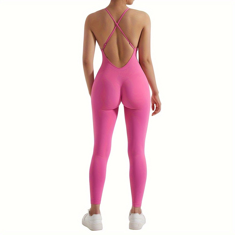 [Customer Favourite] Women's Sleek Backless Yoga Jumpsuit with Removable Pads - High-Waist, Stretchy Nylon/Spandex Blend, Machine Washable