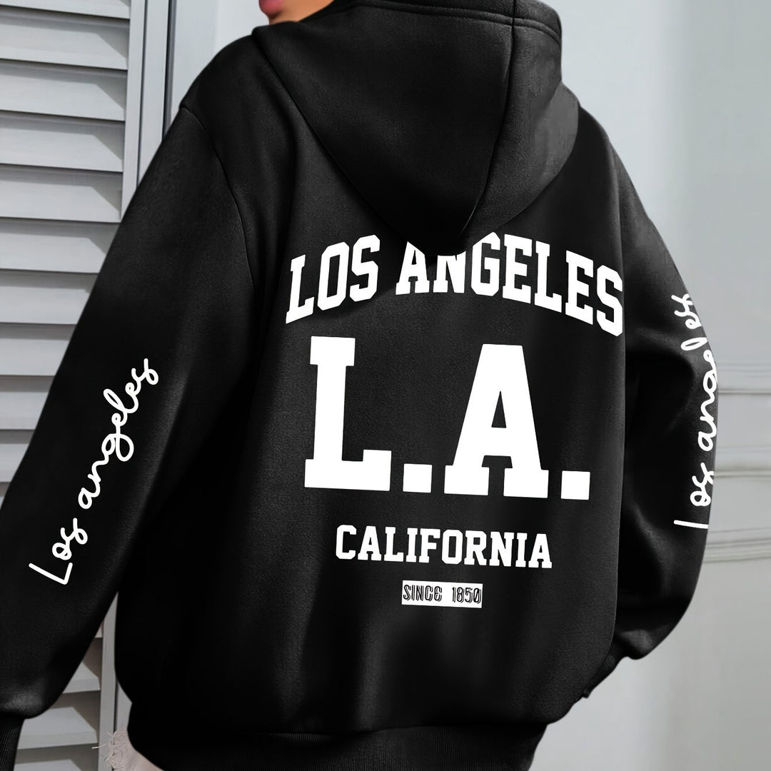 Women'S Plus Size Casual Hoodie with Los Angeles Print, Long Sleeve Pullover Sweatshirt with Pocket, 100% Polyester Knit Fabric, Slight Stretch, Fall/Winter Hooded Clothing