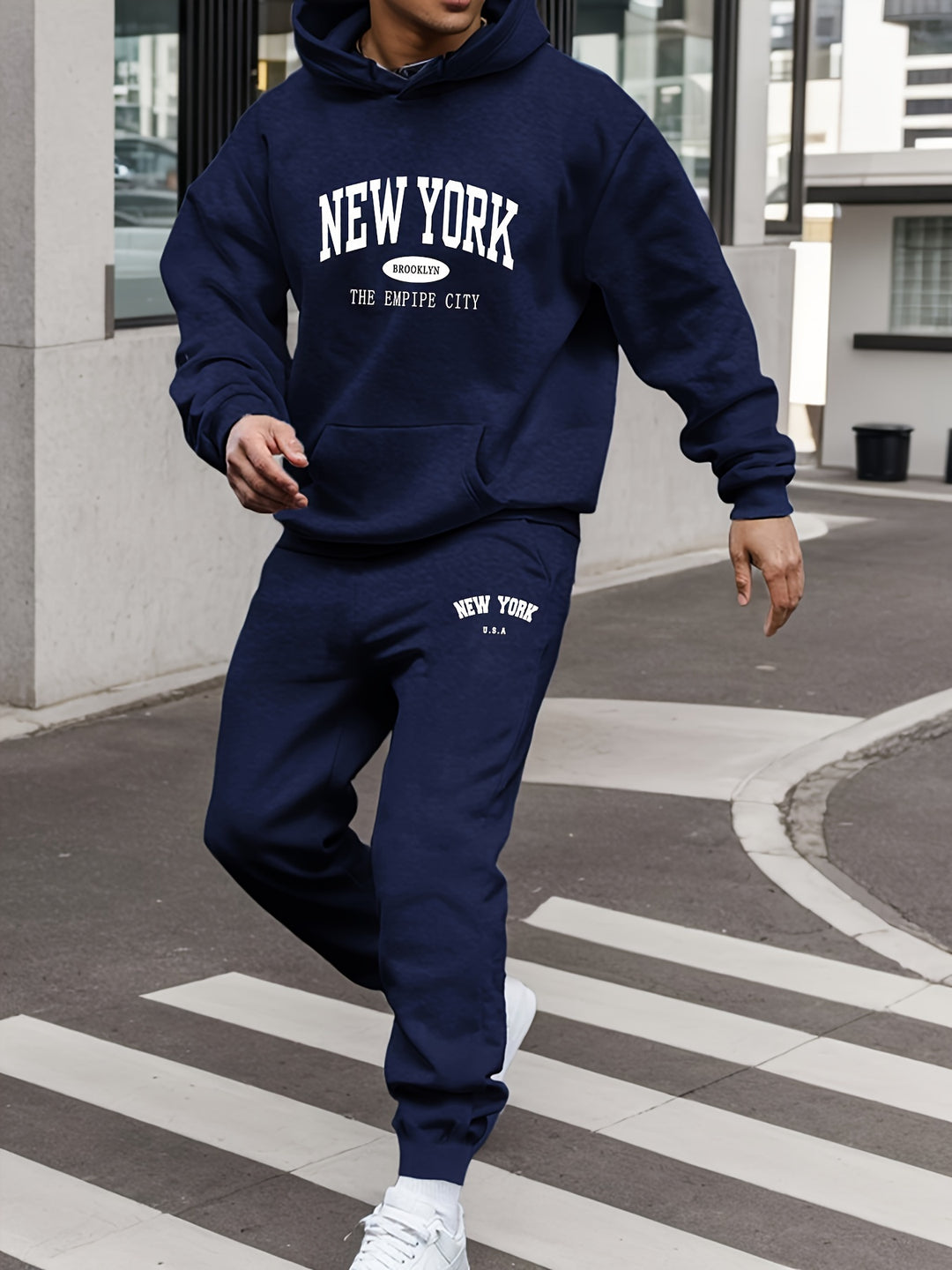 Men'S Thickened Fleece Sports Suit with New York Letter Print, Spring And Autumn Hooded Sweatshirt Set, Long Sleeve Casual And Comfortable with Pockets, Two-Piece Hoodie And Sweatpants.