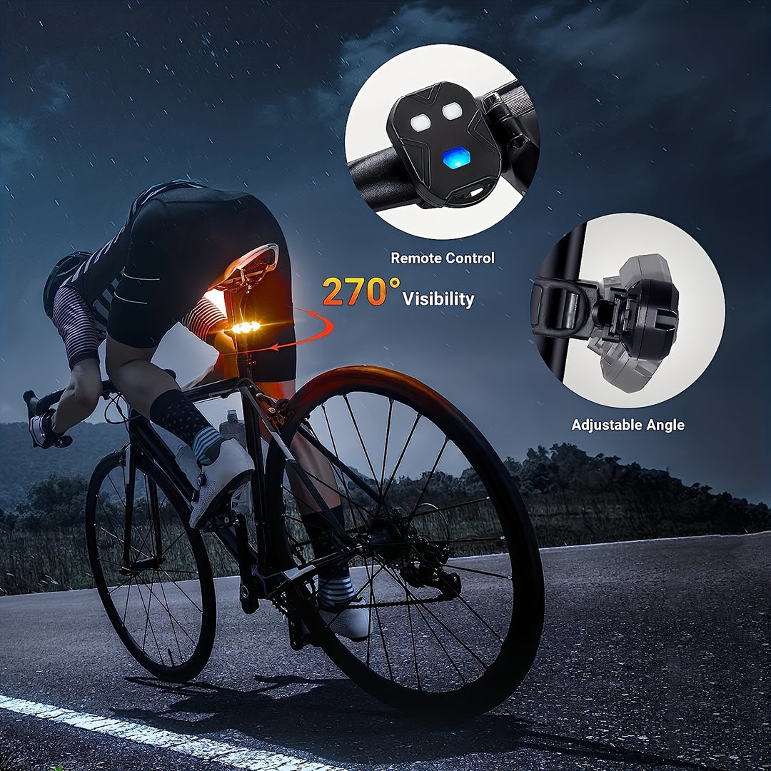 USB Rechargeable LED Bike Tail Light with Turn Signals - Remote Control, 120dB Alarm Speaker for Enhanced Safety, Black