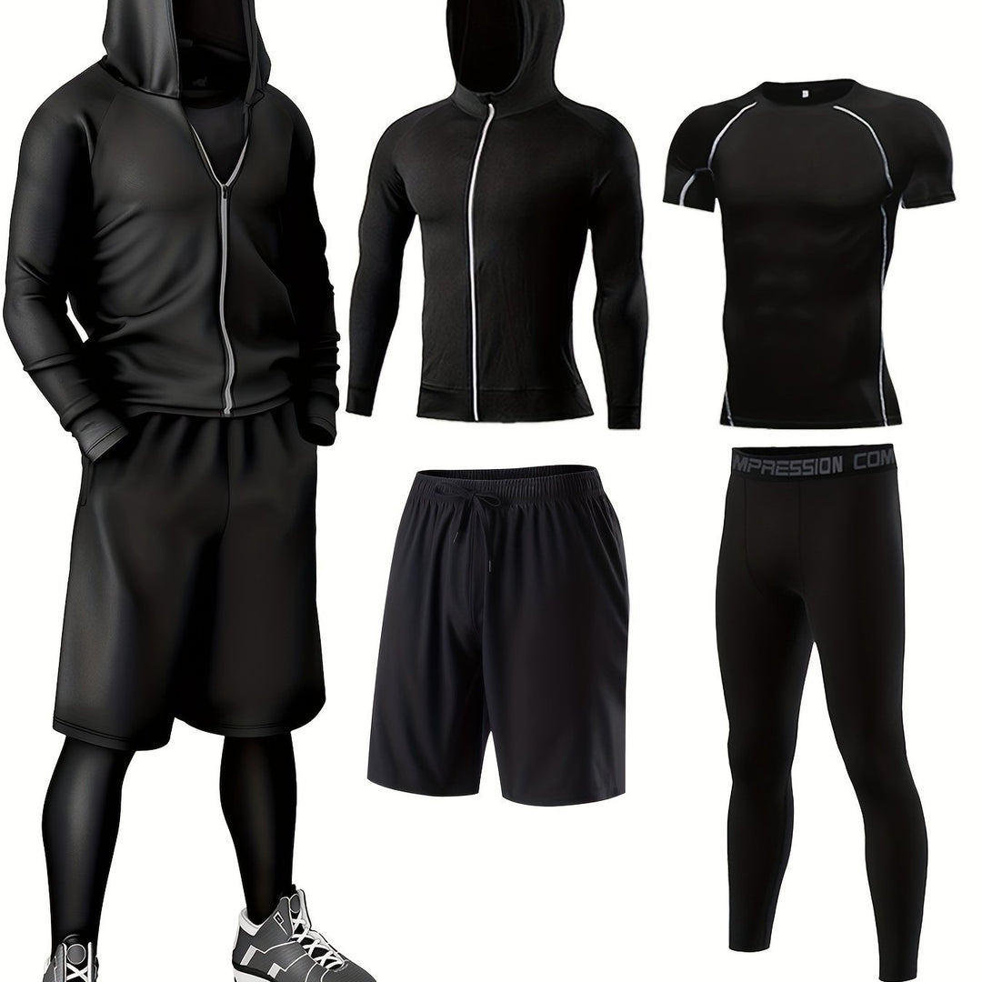 4-Piece Men's Athletic Set - Breathable Quick-Dry Sportswear, Running Gym Cycling Outfit, Casual Comfort Fitness Apparel with Hoodie, Jacket, Shorts & Leggings