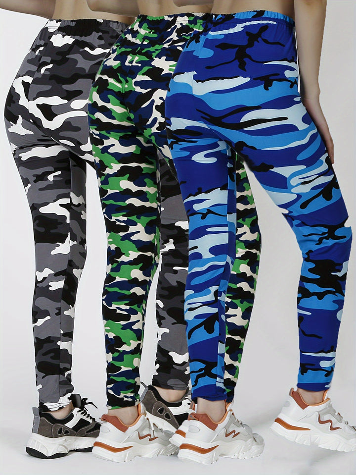 3pcs Women's High-Waist Camo Print Leggings - Stretchy, Breathable Activewear for Running & Fitness, Machine Washable