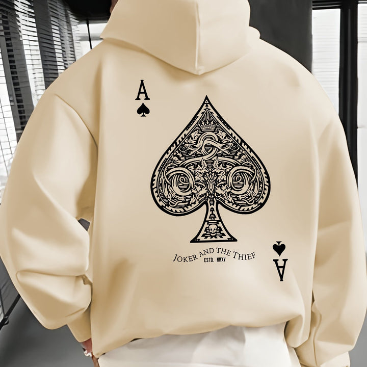 Men's Casual Pullover Hoodie with Geometric Spade Print, Polyester, Regular Fit, Knit Fabric, Pocket Detail, Sports Sweatshirt