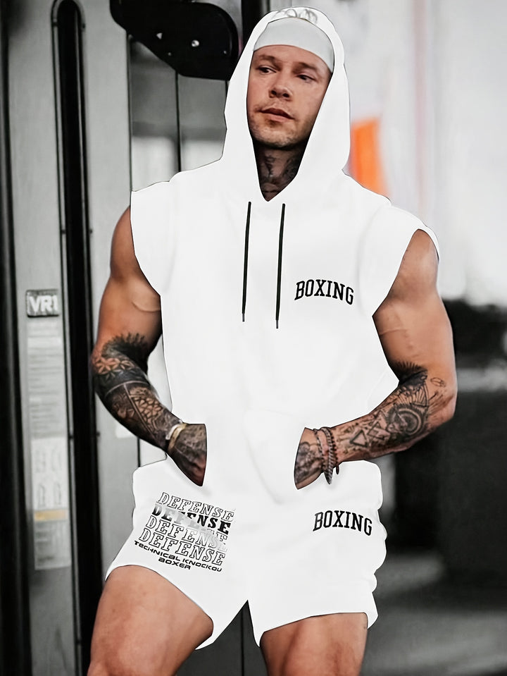 2-piece Men's Summer Sports Set, Novelty Boxing Letter Print Men's Sleeveless Hooded Vest With Kangaroo Pocket & Sports Shorts With Pockets co ord set