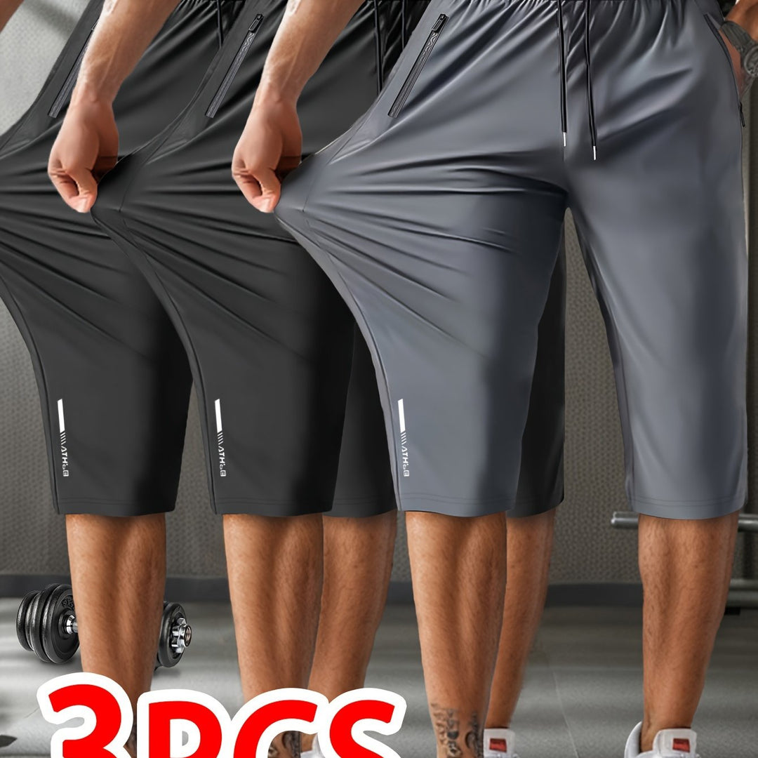 3pcs Men'S Casual Active Polyamide Shorts, High Stretch Knit Fabric, Solid Color, Straight Leg, with Pockets, Elastic Waist with Drawstring