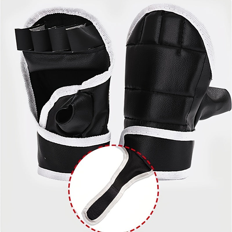 Premium Black Half-Finger Boxing Gloves for Adults - Durable Faux Leather, Easy Pull-On Design, Pro-Grade