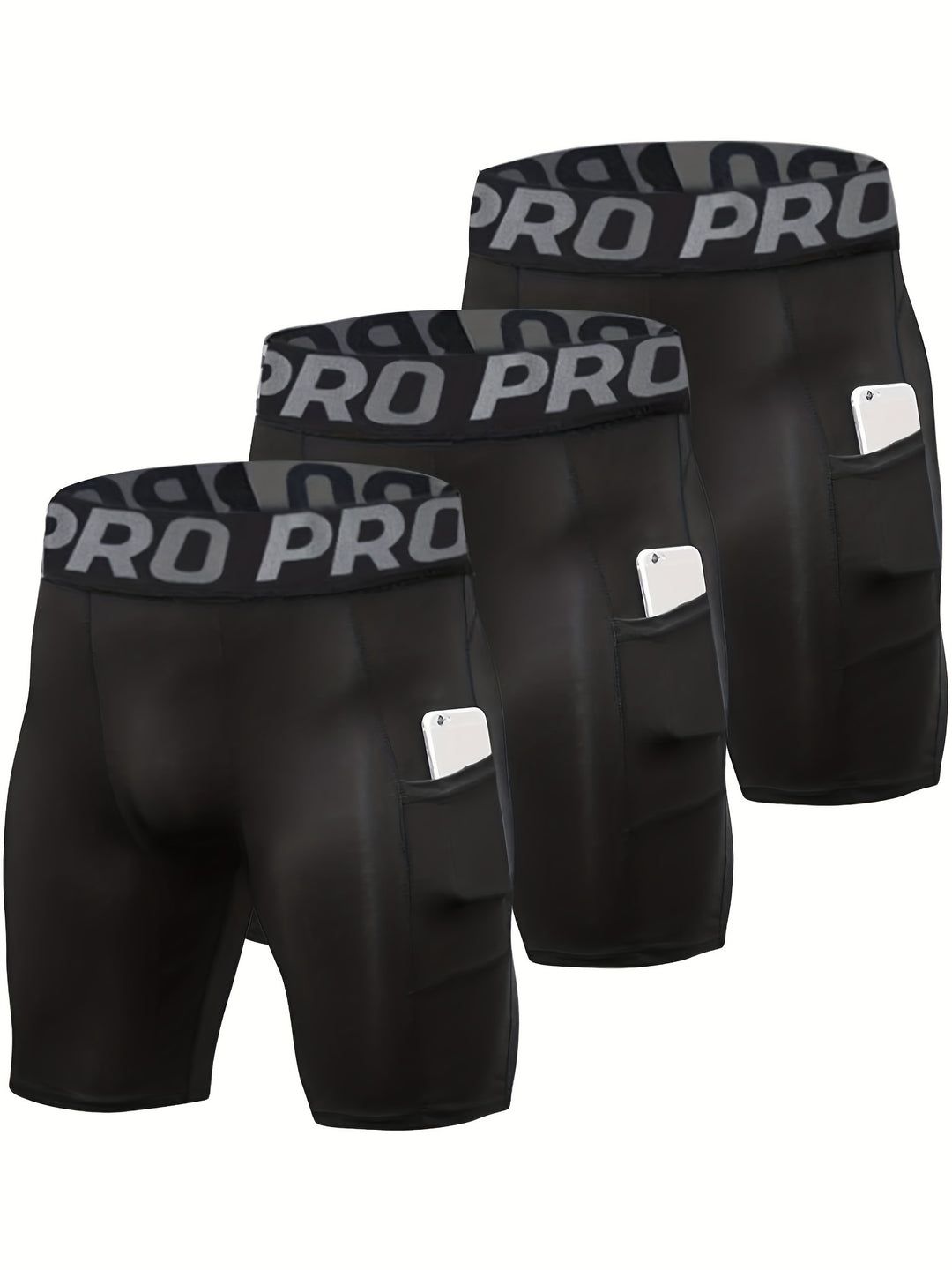 3pcs Men's High-Elastic Compression Shorts - PRO Pro Pro Design, Breathable & Stretchy Fabric, Perfect for Gym, Running & Sports Activities, Black with Side Pockets, Plus Size Shorts