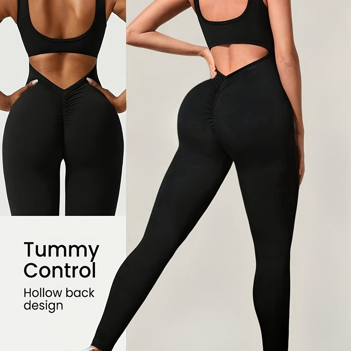 Sleek Backless Yoga Jumpsuit for Women - U-Neck, High Stretch Bodycon Leggings Romper with Scrunch Butt Design, Machine Washable