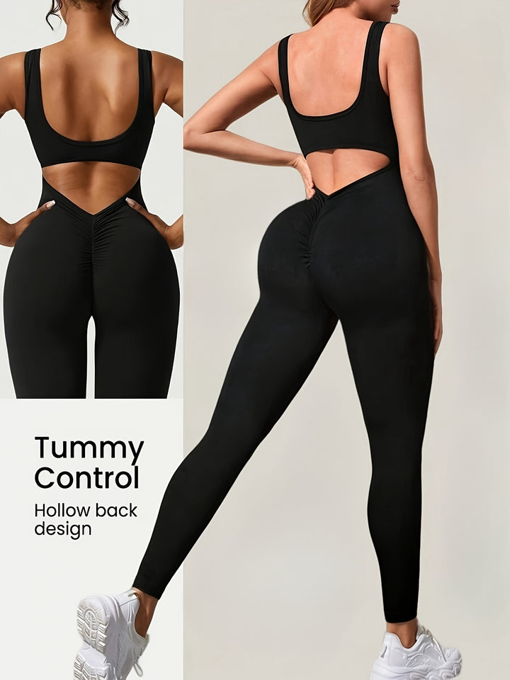 Sleek Backless Yoga Jumpsuit for Women - U-Neck, High Stretch Bodycon Leggings Romper with Scrunch Butt Design, Machine Washable