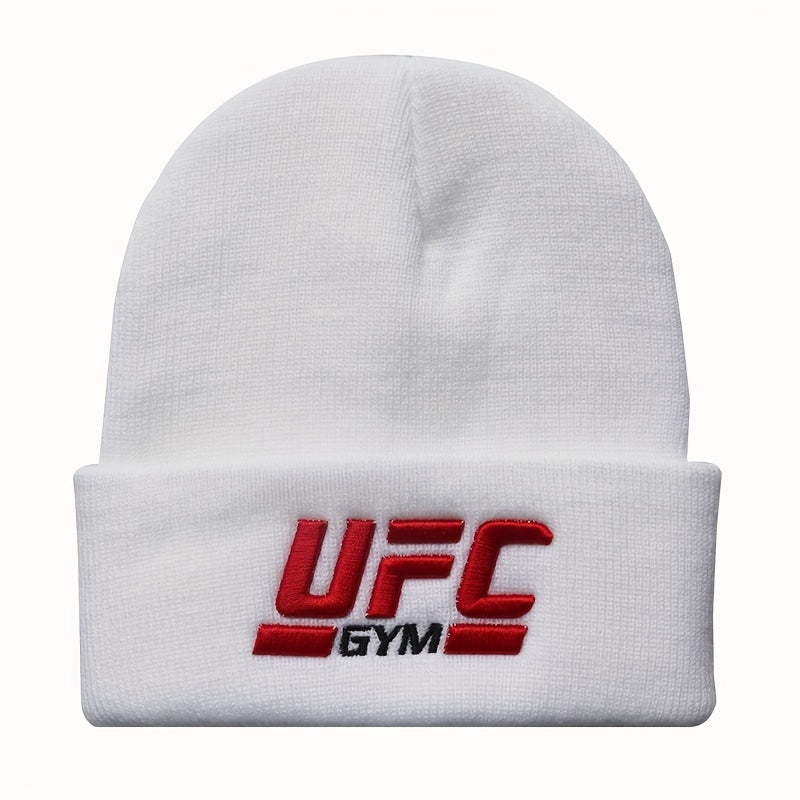 1pc Men's UFC-Inspired Knit Beanie - Black with Red & White Logo, 100% Acrylic, Stretchy Ribbed Winter Sports Hat, Hip Hop Style