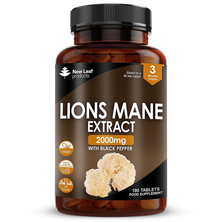 Lions Mane Mushroom 2000mg - 180 High Strength Vegan Tablets - Lion's Mane Supplement with Black Pepper