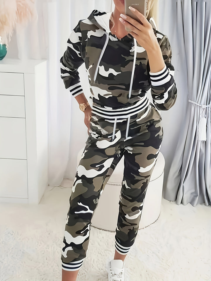 1 set Women's Camouflage Pattern Casual Hoodie and Pants Set, Polyester Knit Fabric with Pockets, Autumn/Winter Season, Fashionable Loungewear Outfit