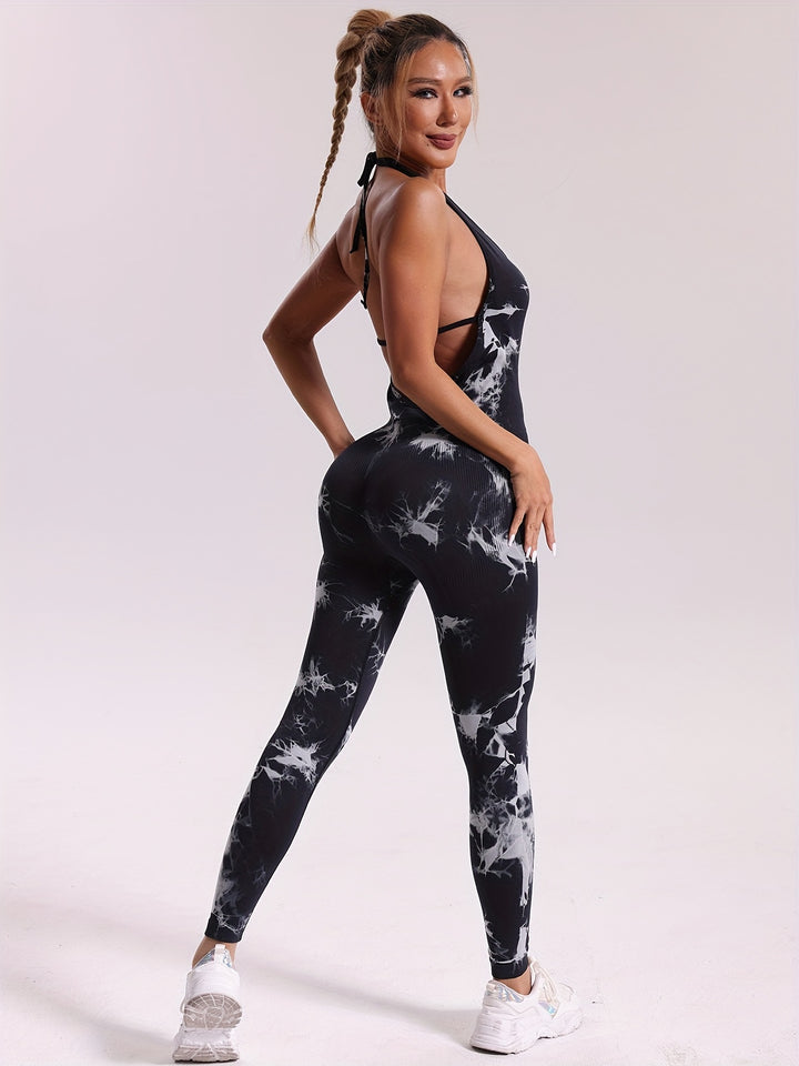 Tie Dye Halter Neck Sports Jumpsuits, Seamless Backless Sexy Yoga Workout Catsuit, Women's Activewear