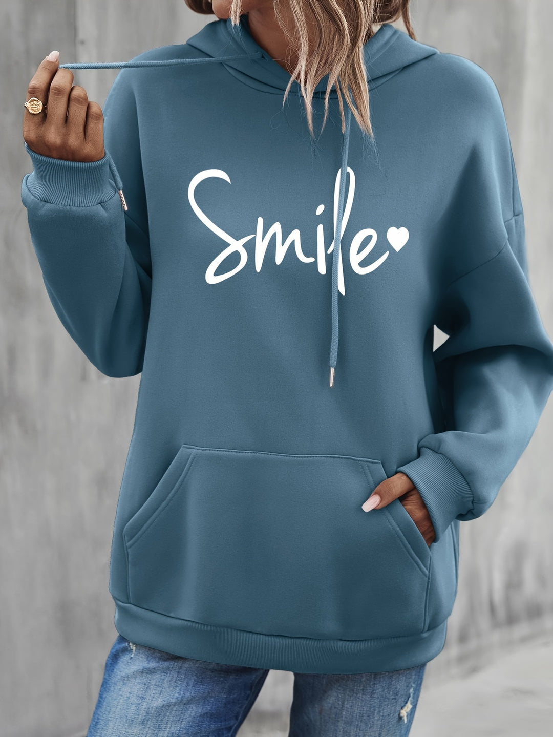 Smile Print Drawstring Hoodie, Casual Long Sleeve Hooded Sweatshirt With Kangaroo Pocket For Fall & Winter, Women's Clothing