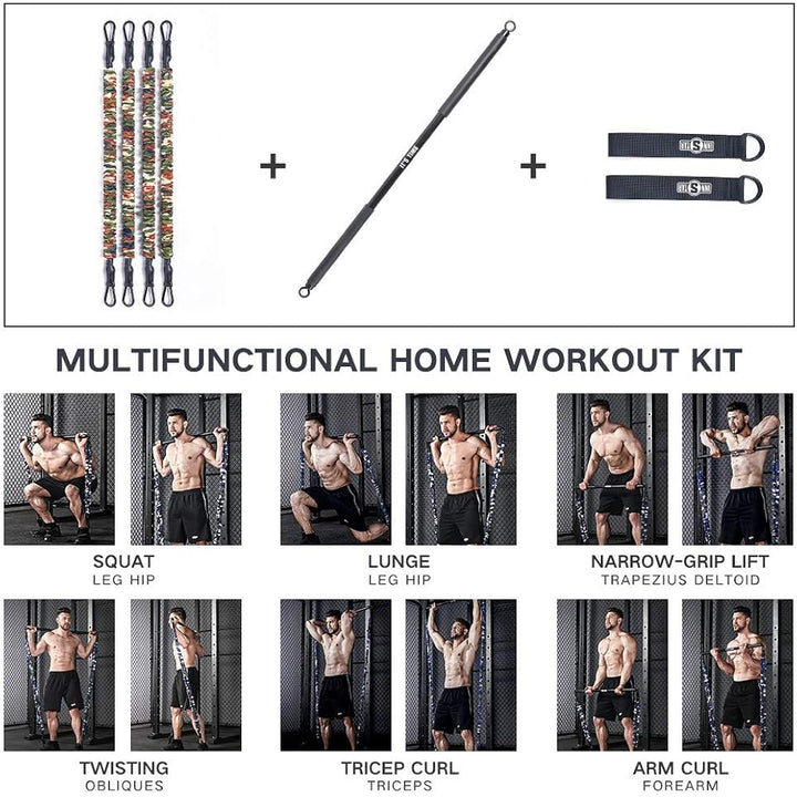 NEW Portable Home Gym Set with Workout Bar, Bench Press Set, Squat Resistance Band, Door Anchor and More-Full Body Workout Equipment to Build Muscle and Shape Body