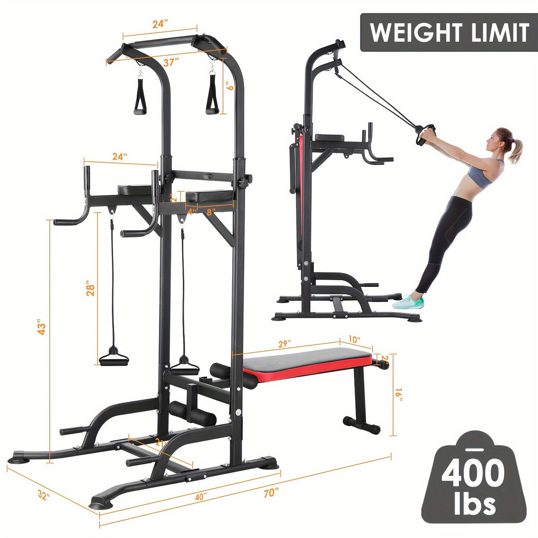 1pc LIFERUN Multifunctional Iron Power Tower Dip Station with Foldable Bench and Pull-Up Bar - Door Mount Strength Training Equipment for Home Gym, Includes Training Bands, 200KG Load Capacity