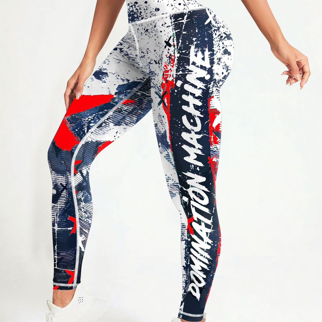 Fashionable Letter Printed High Waist Yoga Leggings - Bold Graffiti Color Block Design, Butt Lifting & Tummy Control, Womens Performance Running Tight Pants