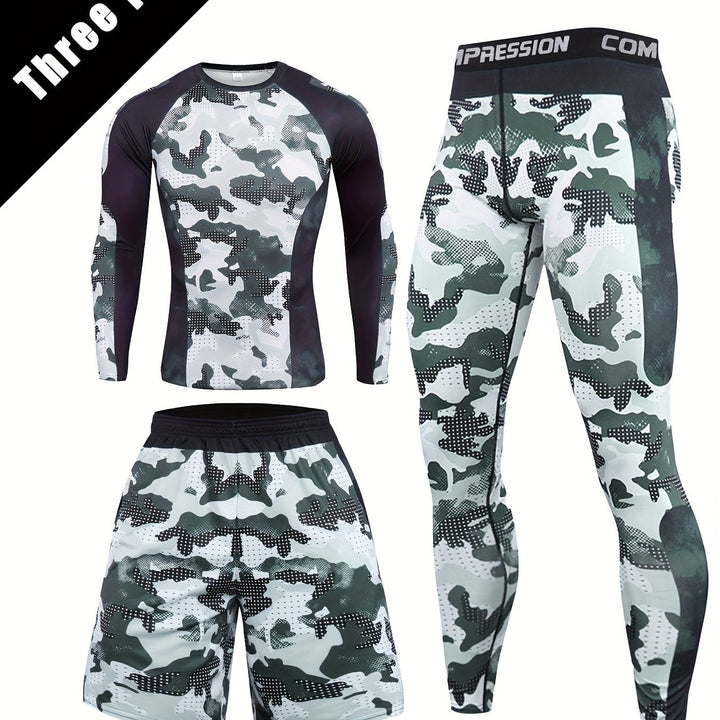 Men's 3pcs Camo Compression Set: Breathable, Non-Stick Athletic Gear for Outdoor & Training - Includes Long Sleeve Top, Shorts & Leggings