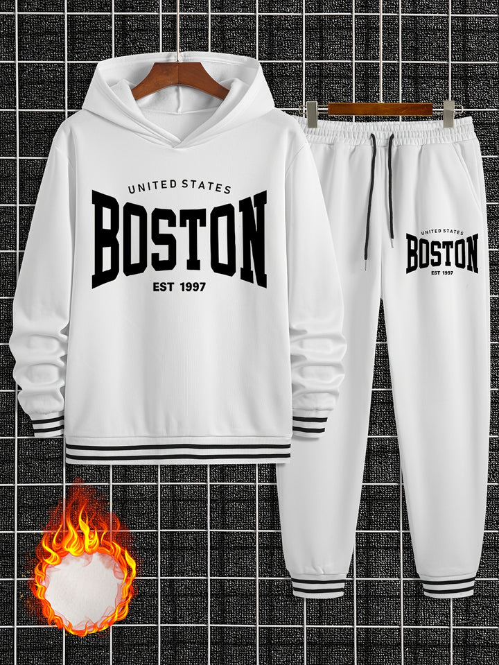 Men's Casual Sportswear Set - Printed Hoodie & Joggers, Polyester Blend, Machine Washable - Perfect for Fall/Winter