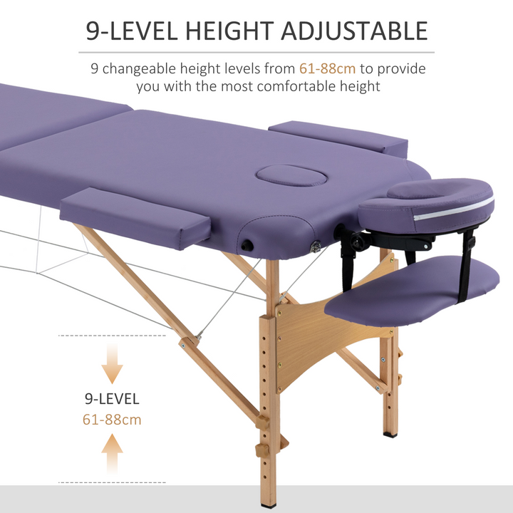 HOMCOM Portable Massage Bed, Folding Spa Beauty Massage Table with 2 Sections, Carry Bag and Wooden Frame, Purple