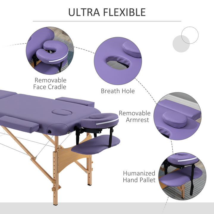 HOMCOM Portable Massage Bed, Folding Spa Beauty Massage Table with 2 Sections, Carry Bag and Wooden Frame, Purple