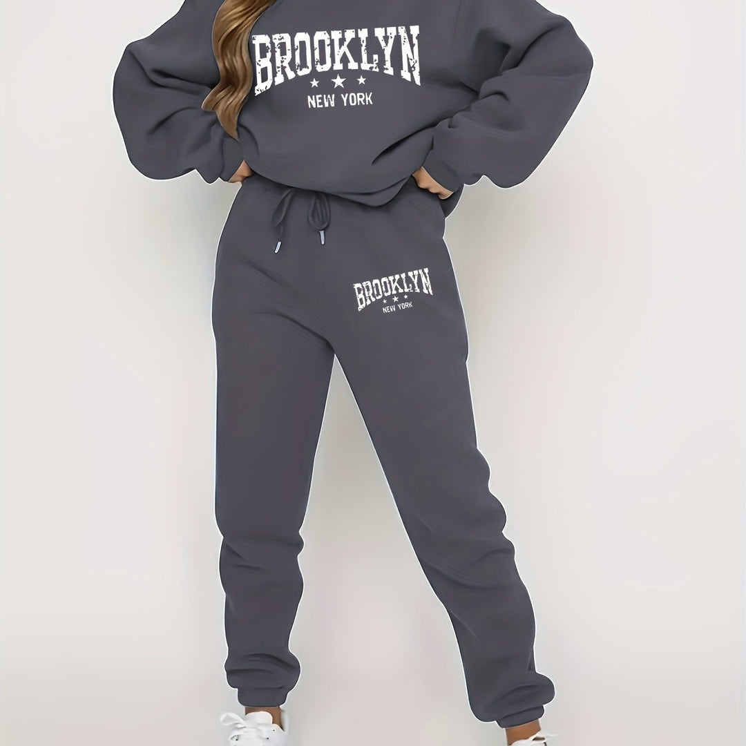 Brooklyn New York Casual Tracksuit Set for Women - Polyester Crew Neck Sweatshirt and Joggers with Alphabet Print - Knit Fabric, Regular Fit Lounge Wear for All Seasons