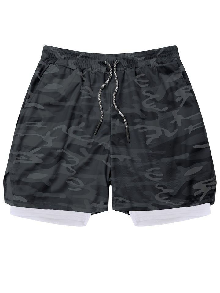 Men's Camouflage Pattern Double-layer Shorts With Drawstring And Pockets, Quick Dry And Comfy Shorts For Summer Fitness, Basketball And Running Wear