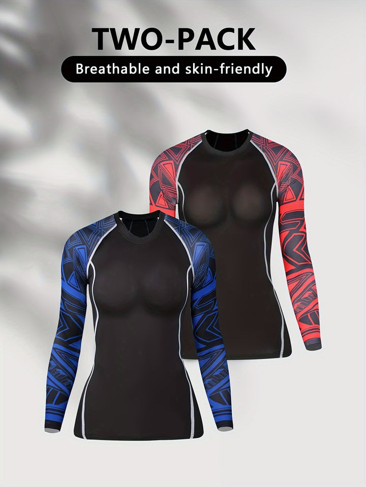 2pcs Women'S Compression Sports Tops, Quick-Dry Long Sleeve Fitness Shirts, Breathable Soft Knit Fabric, Crew Neck, High Stretch Polyester, with Unique Print Design for Yoga & Running