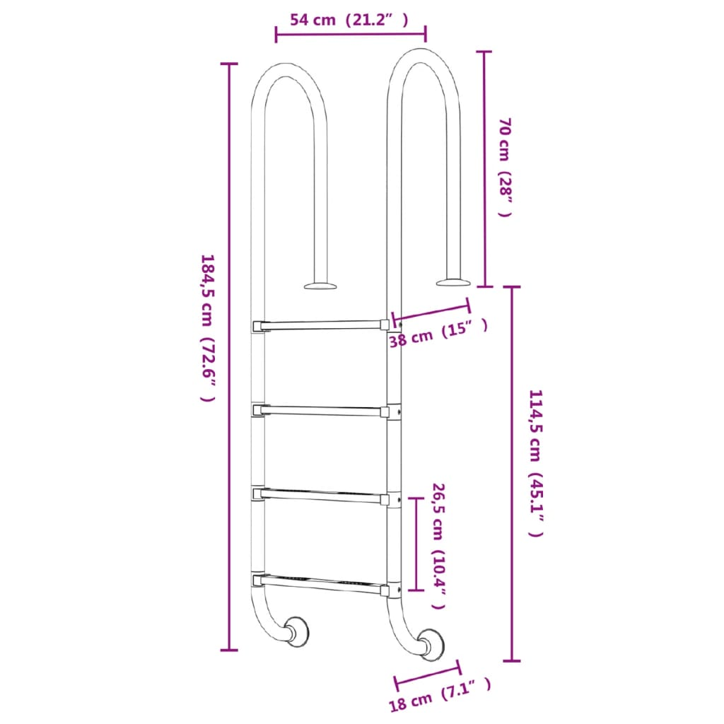 vidaXL Pool Ladder 54x38x184.5 cm 304 Stainless Steel