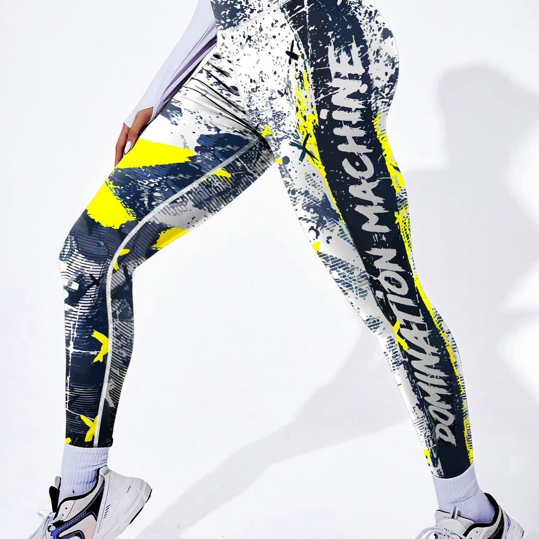 Fashionable Letter Printed High Waist Yoga Leggings - Bold Graffiti Color Block Design, Butt Lifting & Tummy Control, Womens Performance Running Tight Pants